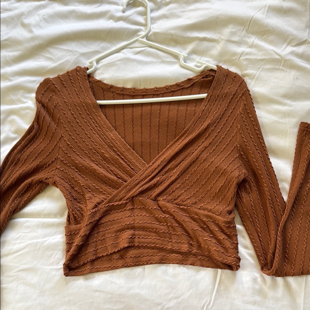 Brown Ribbed Wrap Top